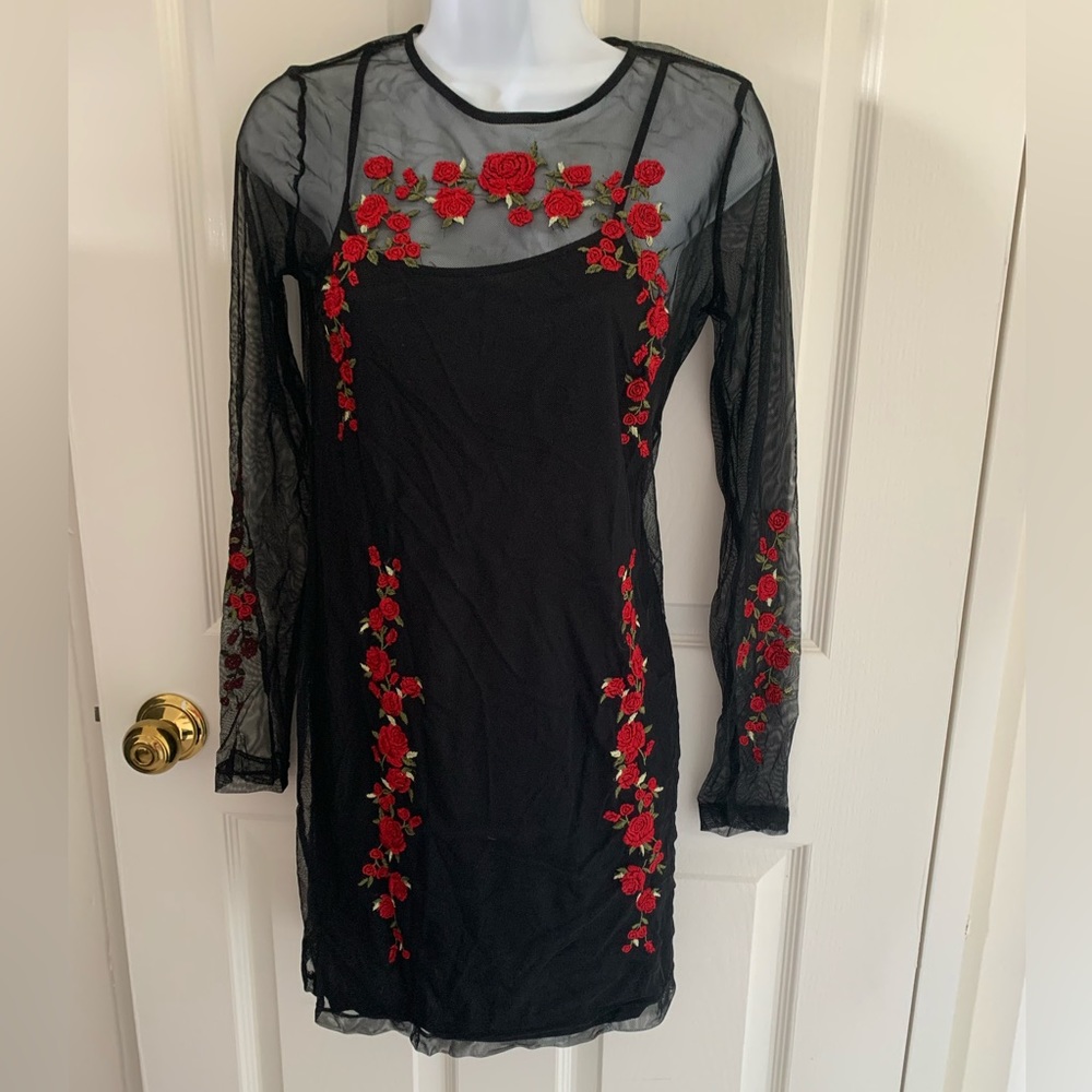 Black long-sleeved mesh and tank mini dress with embroidered red roses NWT